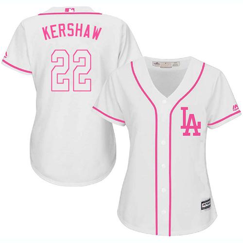 Dodgers #22 Clayton Kershaw White/Pink Fashion Women's Stitched MLB Jersey